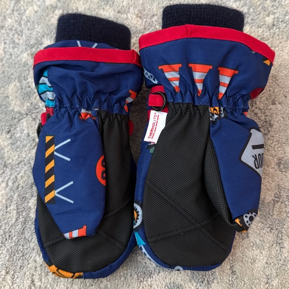 Kids Construction Print Mittens - Blue and Red